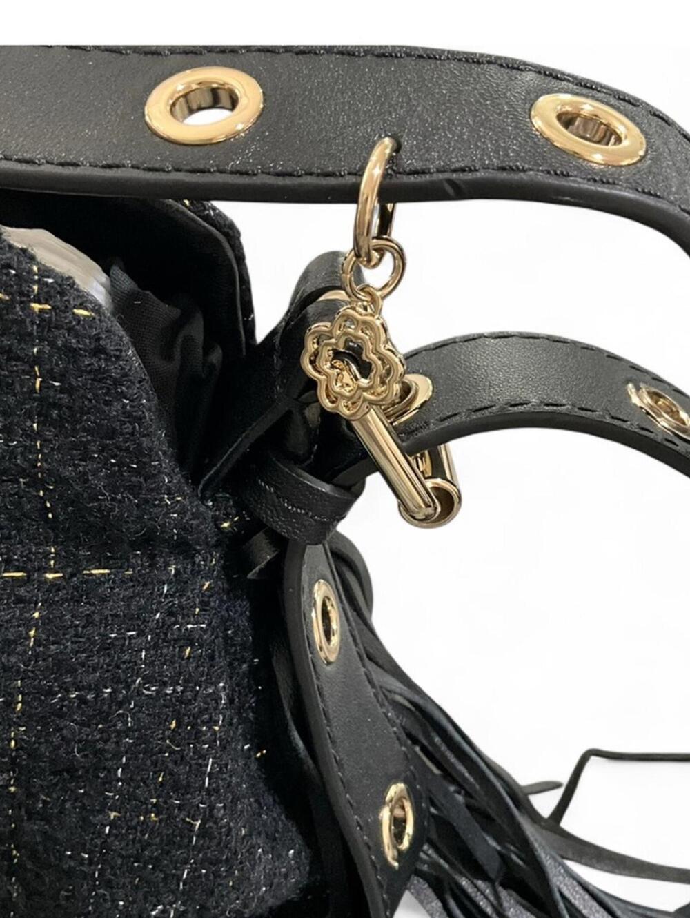 NWT MAJE Black Gold Metallic Tweed Crossbody Shoulder Bag Purse Leather Tassel - Picture 5 of 10